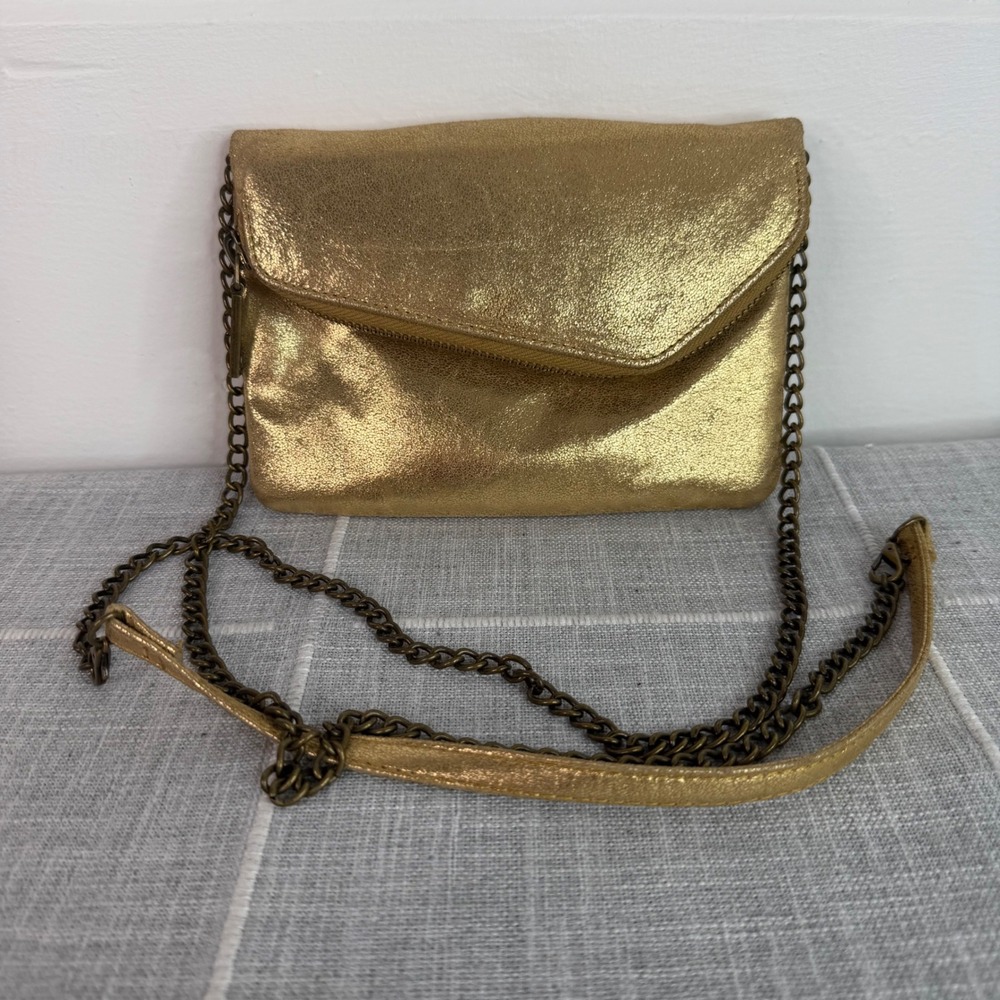 HOBO International Zara Gold‎ Metallic Leather Fold Over Zipper Convertible Bag